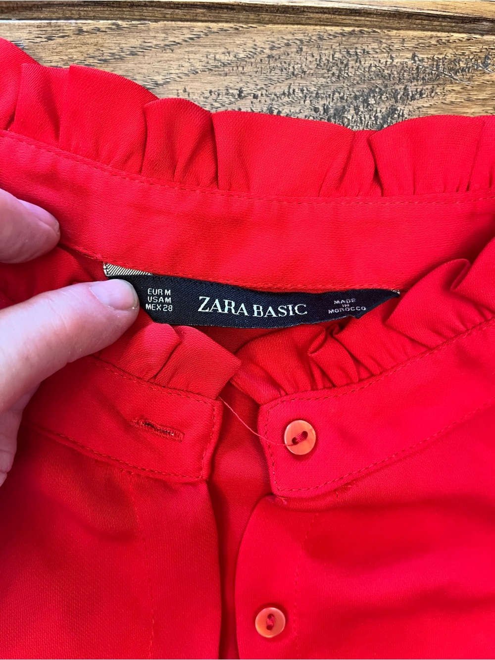 Zara Bright Red Ruffle-Neck Button-Front Shirt - Picture 3 of 8
